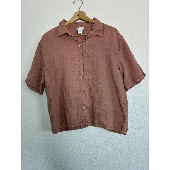 Nicole Miller Tops - Nicole Miller Shirt Womens Large Pink 100% Linen Short Sleeve Button Up